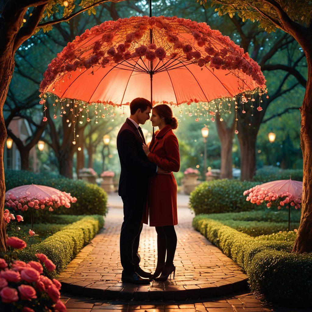 A warm and inviting scene depicting a couple sharing a tender moment under a glowing heart-shaped canopy. Surround them with symbols of protection, like an umbrella and a shield, intertwined with romantic elements such as roses and soft lighting. Include subtle representations of insurance, like policy documents, in the background. The overall mood should convey love and security, emphasizing the intertwining of romance and protection. soft focus. vibrant colors. cozy atmosphere.