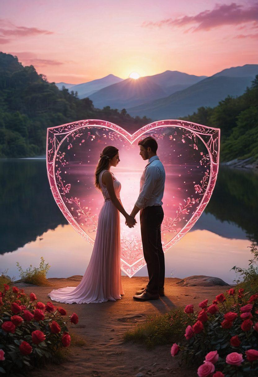 A vibrant heart shield, illustrating protection in love, surrounded by symbols of passion like intertwined roses and soft glowing lights. The background features a serene landscape showcasing harmony and security. Include subtle elements like a couple holding hands in the foreground, radiating warmth and connection. super-realistic. vibrant colors. soft focus.