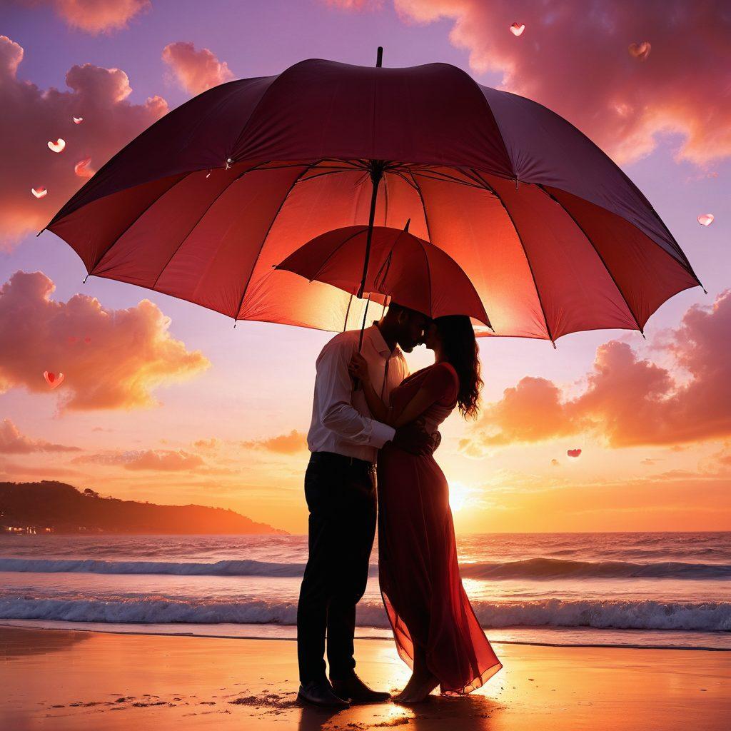 A romantic scene showcasing a couple embracing under a large protective umbrella symbolizing insurance, surrounded by hearts and love symbols. The couple should exude warmth and connection, while the background includes subtle insurance imagery like policy documents and icons, blending into a beautiful sunset. The color palette should evoke passion and trust, with soft pinks and deep reds. super-realistic. vibrant colors. warm lighting.